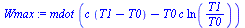 `:=`(Wmax, `*`(mdot, `*`(`+`(`*`(c, `*`(`+`(T1, `-`(T0)))), `-`(`*`(T0, `*`(c, `*`(ln(`/`(`*`(T1), `*`(T0)))))))))))