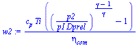 `:=`(w2, `/`(`*`(c[p], `*`(Ti, `*`(`+`(`^`(`/`(`*`(p2), `*`(pI, `*`(Dprel))), `/`(`*`(`+`(gamma, `-`(1))), `*`(gamma))), `-`(1))))), `*`(eta[com])))