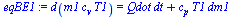 d(`*`(m1, `*`(c[v], `*`(T1)))) = `+`(`*`(Qdot, `*`(dt)), `*`(c[p], `*`(T1, `*`(dm1))))