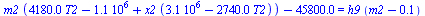 `+`(`*`(m2, `*`(`+`(`*`(0.418e4, `*`(T2)), `-`(0.114e7), `*`(x2, `*`(`+`(0.311e7, `-`(`*`(0.274e4, `*`(T2))))))))), `-`(0.458e5)) = `*`(h9, `*`(`+`(m2, `-`(0.809e-1))))