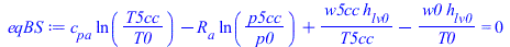 `+`(`*`(c[pa], `*`(ln(`/`(`*`(T5cc), `*`(T0))))), `-`(`*`(R[a], `*`(ln(`/`(`*`(p5cc), `*`(p0)))))), `/`(`*`(w5cc, `*`(h[lv0])), `*`(T5cc)), `-`(`/`(`*`(w0, `*`(h[lv0])), `*`(T0)))) = 0