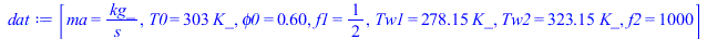[ma = `/`(`*`(kg_), `*`(s_)), T0 = `+`(`*`(303, `*`(K_))), phi0 = .6, f1 = `/`(1, 2), Tw1 = `+`(`*`(278.15, `*`(K_))), Tw2 = `+`(`*`(323.15, `*`(K_))), f2 = 1000]