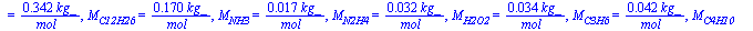 M[CuHvOwNxSy] = `+`(`/`(`*`(0.1e-2, `*`(`+`(`*`(12, `*`(u)), v, `*`(16, `*`(w)), `*`(14, `*`(x)), `*`(32, `*`(y))), `*`(kg_))), `*`(mol_))), M[O2] = `+`(`/`(`*`(0.32e-1, `*`(kg_)), `*`(mol_))), M[N2] ...