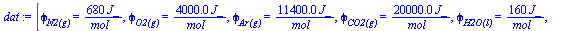 `:=`(dat, [phi[`N2(g)`] = `+`(`/`(`*`(680, `*`(J_)), `*`(mol_))), phi[`O2(g)`] = `+`(`/`(`*`(0.4e4, `*`(J_)), `*`(mol_))), phi[`Ar(g)`] = `+`(`/`(`*`(0.114e5, `*`(J_)), `*`(mol_))), phi[`CO2(g)`] = `+...