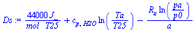 `+`(`/`(`*`(44000, `*`(J_)), `*`(mol_, `*`(T25))), `*`(c[p, H2O], `*`(ln(`/`(`*`(Ta), `*`(T25))))), `-`(`/`(`*`(R[u], `*`(ln(`/`(`*`(pa), `*`(p0))))), `*`(a))))