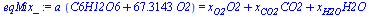 `*`(a, `*`(`+`(C6H12O6, `*`(67.314311076592882475, `*`(O2))))) = `+`(`*`(x[O2], `*`(O2)), `*`(x[CO2], `*`(CO2)), `*`(x[H2O], `*`(H2O)))