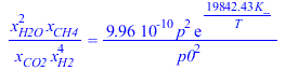 `/`(`*`(`^`(x[H2O], 2), `*`(x[CH4])), `*`(x[CO2], `*`(`^`(x[H2], 4)))) = `+`(`/`(`*`(0.9956634769e-9, `*`(`^`(p, 2), `*`(exp(`+`(`/`(`*`(19842.43445, `*`(K_)), `*`(T))))))), `*`(`^`(p0, 2))))