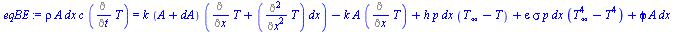 `*`(rho, `*`(A, `*`(dx, `*`(c, `*`(Diff(T, t)))))) = `+`(`*`(k, `*`(`+`(A, dA), `*`(`+`(Diff(T, x), `*`(Diff(T, x, x), `*`(dx)))))), `-`(`*`(k, `*`(A, `*`(Diff(T, x))))), `*`(h, `*`(p, `*`(dx, `*`(`+`...