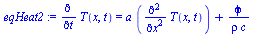diff(T(x, t), t) = `+`(`*`(a, `*`(diff(diff(T(x, t), x), x))), `/`(`*`(phi), `*`(rho, `*`(c))))