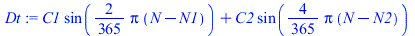 `+`(`*`(C1, `*`(sin(`+`(`*`(`/`(2, 365), `*`(Pi, `*`(`+`(N, `-`(N1))))))))), `*`(C2, `*`(sin(`+`(`*`(`/`(4, 365), `*`(Pi, `*`(`+`(N, `-`(N2))))))))))