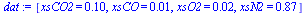[xsCO2 = .10, xsCO = 0.8e-2, xsO2 = 0.175e-1, xsN2 = .8745]
