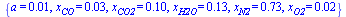 {a = 0.13e-1, x[CO] = 0.30e-1, x[CO2] = 0.99e-1, x[H2O] = .13, x[N2] = .73, x[O2] = 0.15e-1}