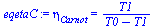 `:=`(eqetaC, eta[Carnot] = `/`(`*`(T1), `*`(`+`(T0, `-`(T1)))))