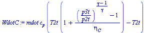 `*`(mdot, `*`(c[p], `*`(`+`(`*`(T2t, `*`(`+`(1, `/`(`*`(`+`(`^`(`/`(`*`(p3t), `*`(p2t)), `/`(`*`(`+`(gamma, `-`(1))), `*`(gamma))), `-`(1))), `*`(eta[C]))))), `-`(T2t)))))
