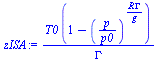 `/`(`*`(T0, `*`(`+`(1, `-`(`^`(`/`(`*`(p), `*`(p0)), `/`(`*`(R, `*`(Gamma)), `*`(g))))))), `*`(Gamma))