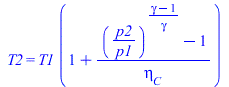 T2 = `*`(T1, `*`(`+`(1, `/`(`*`(`+`(`^`(`/`(`*`(p2), `*`(p1)), `/`(`*`(`+`(gamma, `-`(1))), `*`(gamma))), `-`(1))), `*`(eta[C])))))