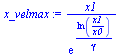 `:=`(x_velmax, `/`(`*`(x1), `*`(exp(`/`(`*`(ln(`/`(`*`(x1), `*`(x0)))), `*`(gamma))))))