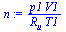 `:=`(n, `/`(`*`(p1, `*`(V1)), `*`(R[u], `*`(T1))))