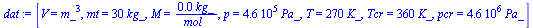 `:=`(dat, [V = `*`(`^`(m_, 3)), mt = `+`(`*`(30, `*`(kg_))), M = `+`(`/`(`*`(0.42e-1, `*`(kg_)), `*`(mol_))), p = `+`(`*`(0.460e6, `*`(Pa_))), T = `+`(`*`(270, `*`(K_))), Tcr = `+`(`*`(360, `*`(K_))),...