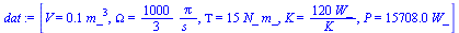 `:=`(dat, [V = `+`(`*`(.1, `*`(`^`(m_, 3)))), Omega = `+`(`/`(`*`(`/`(1000, 3), `*`(Pi)), `*`(s_))), Tau = `+`(`*`(15, `*`(N_, `*`(m_)))), K = `+`(`/`(`*`(120, `*`(W_)), `*`(K_))), P = `+`(`*`(15707.9...