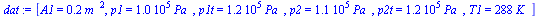 `:=`(dat, [A1 = `+`(`*`(.2, `*`(`^`(m_, 2)))), p1 = `+`(`*`(0.100e6, `*`(Pa_))), p1t = `+`(`*`(0.120e6, `*`(Pa_))), p2 = `+`(`*`(0.105e6, `*`(Pa_))), p2t = `+`(`*`(0.115e6, `*`(Pa_))), T1 = `+`(`*`(28...