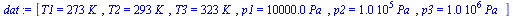 `:=`(dat, [T1 = `+`(`*`(273, `*`(K_))), T2 = `+`(`*`(293, `*`(K_))), T3 = `+`(`*`(323, `*`(K_))), p1 = `+`(`*`(0.10e5, `*`(Pa_))), p2 = `+`(`*`(0.100e6, `*`(Pa_))), p3 = `+`(`*`(0.1000e7, `*`(Pa_)))])