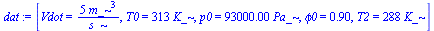 [Vdot = `+`(`/`(`*`(5, `*`(`^`(m_, 3))), `*`(s_))), T0 = `+`(`*`(313, `*`(K_))), p0 = `+`(`*`(0.93e5, `*`(Pa_))), phi0 = .9, T2 = `+`(`*`(288, `*`(K_)))]
