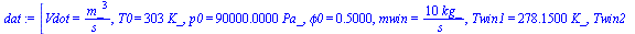 [Vdot = `/`(`*`(`^`(m_, 3)), `*`(s_)), T0 = `+`(`*`(303, `*`(K_))), p0 = `+`(`*`(0.90e5, `*`(Pa_))), phi0 = .5, mwin = `+`(`/`(`*`(10, `*`(kg_)), `*`(s_))), Twin1 = `+`(`*`(278.15, `*`(K_))), Twin2 = ...