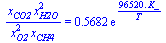 `/`(`*`(x[CO2], `*`(`^`(x[H2O], 2))), `*`(`^`(x[O2], 2), `*`(x[CH4]))) = `+`(`*`(.5682, `*`(exp(`+`(`/`(`*`(0.9652e5, `*`(K_)), `*`(T)))))))