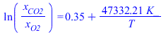 ln(`/`(`*`(x[CO2]), `*`(x[O2]))) = `+`(.3469393957, `/`(`*`(47332.21074, `*`(K_)), `*`(T)))