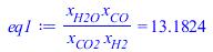 `/`(`*`(x[H2O], `*`(x[CO])), `*`(x[CO2], `*`(x[H2]))) = 13.18239357
