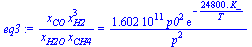 `/`(`*`(x[CO], `*`(`^`(x[H2], 3))), `*`(x[H2O], `*`(x[CH4]))) = `+`(`/`(`*`(0.1602e12, `*`(`^`(p0, 2), `*`(exp(`+`(`-`(`/`(`*`(0.2480e5, `*`(K_)), `*`(T)))))))), `*`(`^`(p, 2))))
