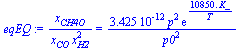 `/`(`*`(x[CH4O]), `*`(x[CO], `*`(`^`(x[H2], 2)))) = `+`(`/`(`*`(0.3425e-11, `*`(`^`(p, 2), `*`(exp(`+`(`/`(`*`(0.1085e5, `*`(K_)), `*`(T))))))), `*`(`^`(p0, 2))))