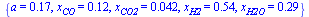 {a = .17, x[CO] = .12, x[CO2] = 0.42e-1, x[H2] = .54, x[H2O] = .29}