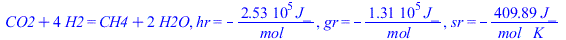 `+`(CO2, `*`(4, `*`(H2))) = `+`(CH4, `*`(2, `*`(H2O))), hr = `+`(`-`(`/`(`*`(252990.00, `*`(J_)), `*`(mol_)))), gr = `+`(`-`(`/`(`*`(130770.00, `*`(J_)), `*`(mol_)))), sr = `+`(`-`(`/`(`*`(409.89, `*`...