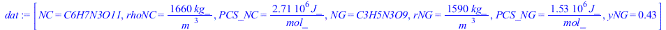 [NC = C6H7N3O11, rhoNC = `+`(`/`(`*`(1660, `*`(kg_)), `*`(`^`(m_, 3)))), PCS_NC = `+`(`/`(`*`(0.271e7, `*`(J_)), `*`(mol_))), NG = C3H5N3O9, rNG = `+`(`/`(`*`(1590, `*`(kg_)), `*`(`^`(m_, 3)))), PCS_N...