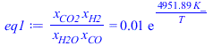 `/`(`*`(x[CO2], `*`(x[H2])), `*`(x[H2O], `*`(x[CO]))) = `+`(`*`(0.6378474543e-2, `*`(exp(`+`(`/`(`*`(4951.888382, `*`(K_)), `*`(T)))))))