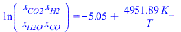 ln(`/`(`*`(x[CO2], `*`(x[H2])), `*`(x[H2O], `*`(x[CO])))) = `+`(`-`(5.054826310), `/`(`*`(4951.888382, `*`(K_)), `*`(T)))