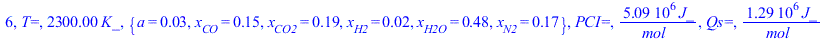 6, `T=`, `+`(`*`(2300., `*`(K_))), {a = 0.2777777778e-1, x[CO] = .1461152984, x[CO2] = .1872180350, x[H2] = 0.2055136831e-1, x[H2O] = .4794486317, x[N2] = .1666666667}, `PCI=`, `+`(`/`(`*`(5093519.595...