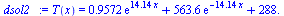T(x) = `+`(`*`(.9572, `*`(exp(`+`(`*`(14.14, `*`(x)))))), `*`(563.6, `*`(exp(`+`(`-`(`*`(14.14, `*`(x))))))), 288.)