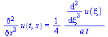 diff(diff(u(t, x), x), x) = `+`(`/`(`*`(`/`(1, 4), `*`(diff(diff(u(xi), xi), xi))), `*`(a, `*`(t))))