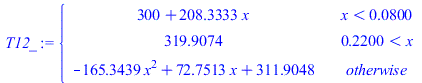 piecewise(`<`(x, 0.8000000000e-1), `+`(300, `*`(208.3333338, `*`(x))), `<`(.2200000000, x), 319.9074074, `+`(`-`(`*`(165.3439153, `*`(`^`(x, 2)))), `*`(72.75132273, `*`(x)), 311.9047618))
