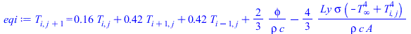T[i, `+`(j, 1)] = `+`(`*`(.1624732972, `*`(T[i, j])), `*`(.4187633514, `*`(T[`+`(i, 1), j])), `*`(.4187633514, `*`(T[`+`(i, `-`(1)), j])), `/`(`*`(`/`(2, 3), `*`(phi)), `*`(rho, `*`(c))), `-`(`/`(`*`(...
