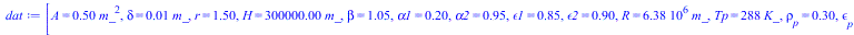 Typesetting:-mprintslash([dat := [A = `+`(`*`(.5, `*`(`^`(m_, 2)))), delta = `+`(`*`(0.1e-1, `*`(m_))), r = 1.5, H = `+`(`*`(0.300e6, `*`(m_))), beta = 1.047197551, alpha1 = .2, alpha2 = .95, epsilon1...