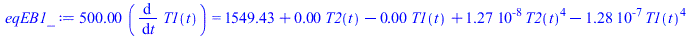 `+`(`*`(500., `*`(diff(T1(t), t)))) = `+`(1549.433496, `*`(0.3769911186e-2, `*`(T2(t))), `-`(`*`(0.3769911186e-2, `*`(T1(t)))), `*`(0.1269227168e-7, `*`(`^`(T2(t), 4))), `-`(`*`(0.1282523785e-6, `*`(`...