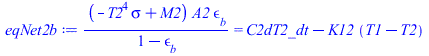 `/`(`*`(`+`(`-`(`*`(`^`(T2, 4), `*`(sigma))), M2), `*`(A2, `*`(epsilon[b]))), `*`(`+`(1, `-`(epsilon[b])))) = `+`(C2dT2_dt, `-`(`*`(K12, `*`(`+`(T1, `-`(T2))))))