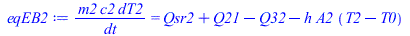 `/`(`*`(m2, `*`(c2, `*`(dT2))), `*`(dt)) = `+`(Qsr2, Q21, `-`(Q32), `-`(`*`(h, `*`(A2, `*`(`+`(T2, `-`(T0)))))))