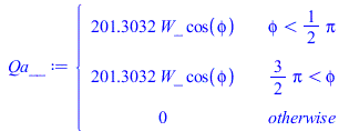 piecewise(`<`(phi, `+`(`*`(`/`(1, 2), `*`(Pi)))), `+`(`*`(201.3031699, `*`(W_, `*`(cos(phi))))), `<`(`+`(`*`(`/`(3, 2), `*`(Pi))), phi), `+`(`*`(201.3031699, `*`(W_, `*`(cos(phi))))), 0)