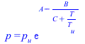 p = `*`(p[u], `*`(exp(`+`(A, `-`(`/`(`*`(B), `*`(`+`(C, `/`(`*`(T), `*`(T[u]))))))))))