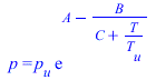 p = `*`(p[u], `*`(exp(`+`(A, `-`(`/`(`*`(B), `*`(`+`(C, `/`(`*`(T), `*`(T[u]))))))))))
